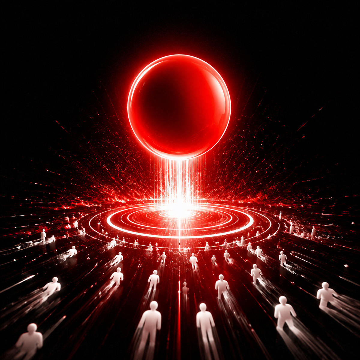 A red signal orb launching above a crowd of white figures